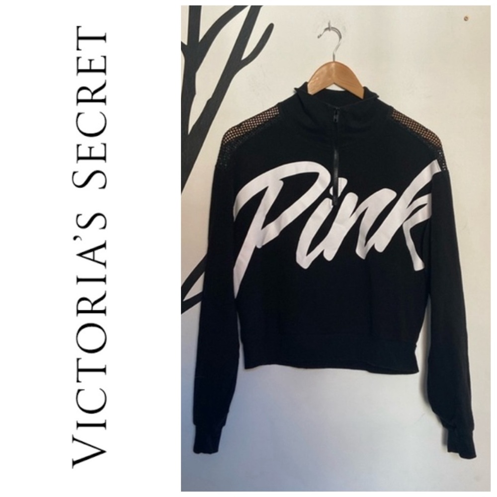 PINK black mesh cropped half zip workout top
